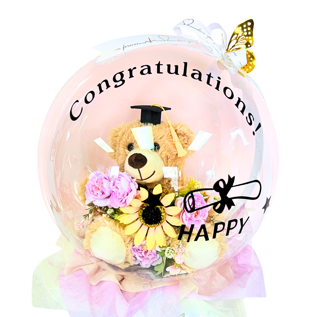 Teddy’s Hug of Pride – Graduation BOBO Balloon Bouquet Purple Close up