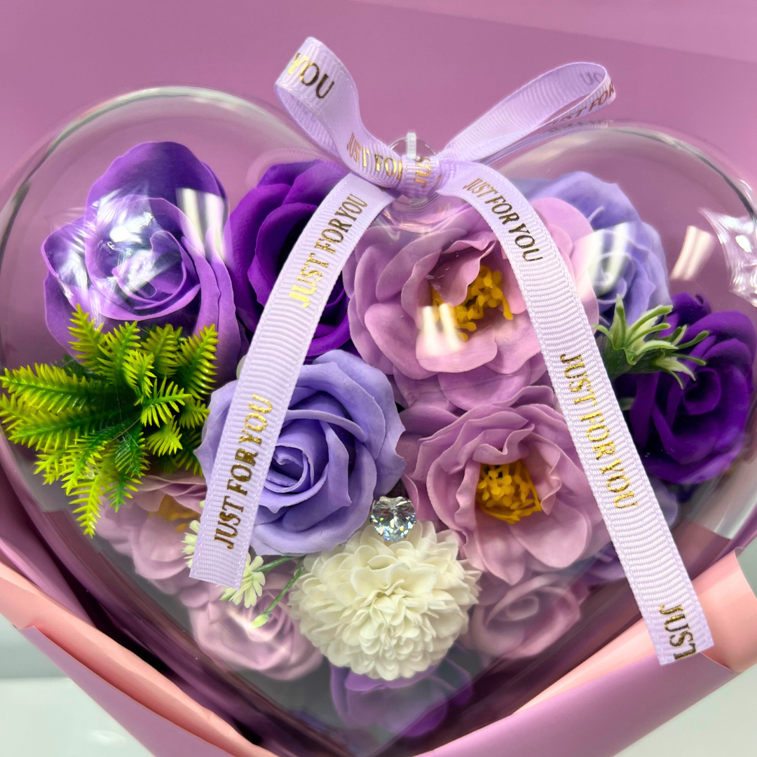 With Heartfelt Soap Bouquet Purple Closeup