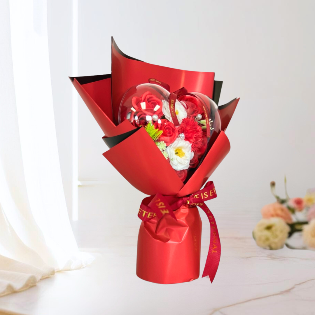 With Heartfelt Soap Bouquet Red Closeup