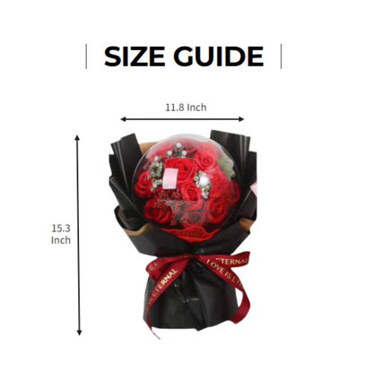 Size guide image showing a BOBO Soap Flower Bouquet, measuring 15.3 inches in height and 11.8 inches in width.