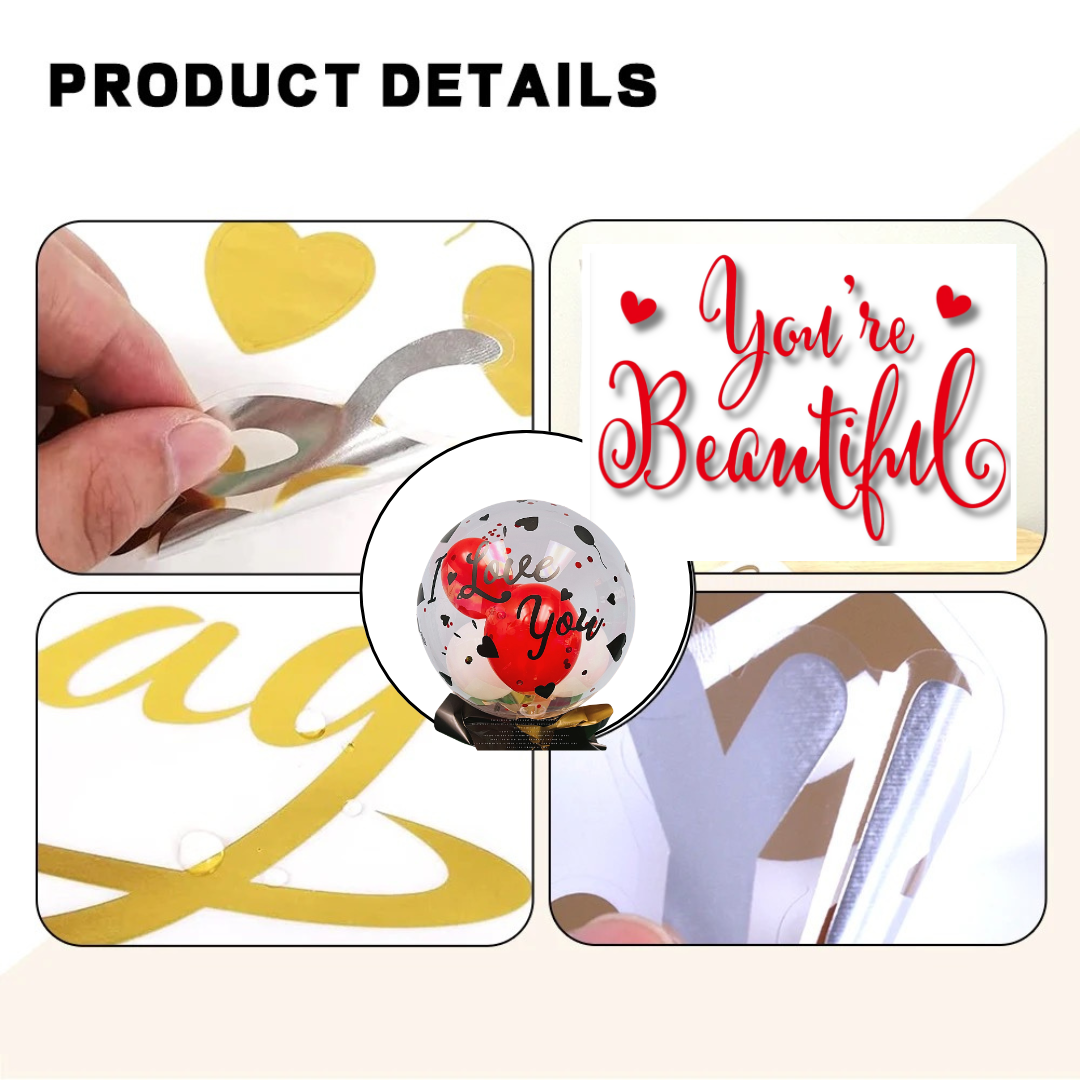 Product details showing letter stickers and easy peel-off application process for balloons.