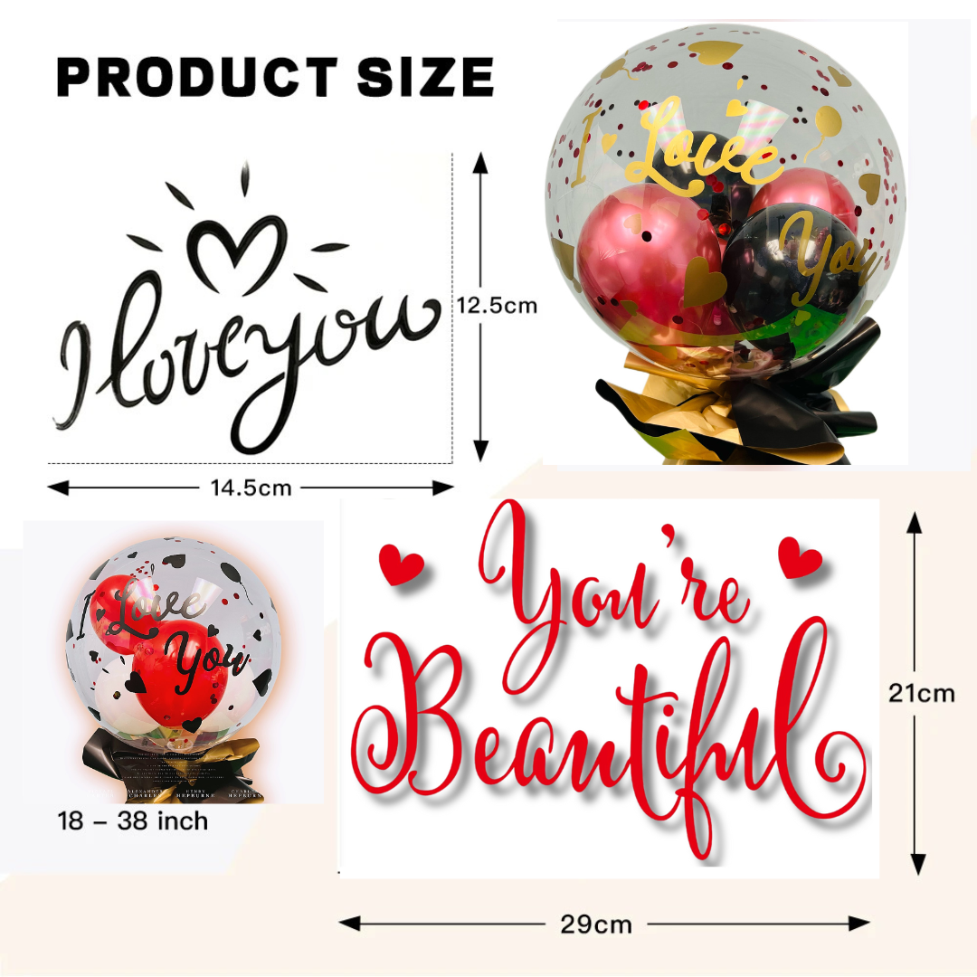 Product size guide showing dimensions for the balloon letter stickers.