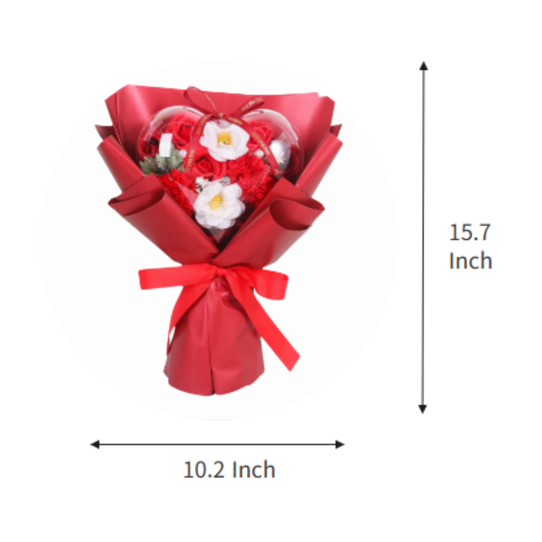  A red heart-shaped soap flower bouquet wrapped in a red ribbon with dimensions displayed as 15.7 inches tall and 10.2 inches wide.